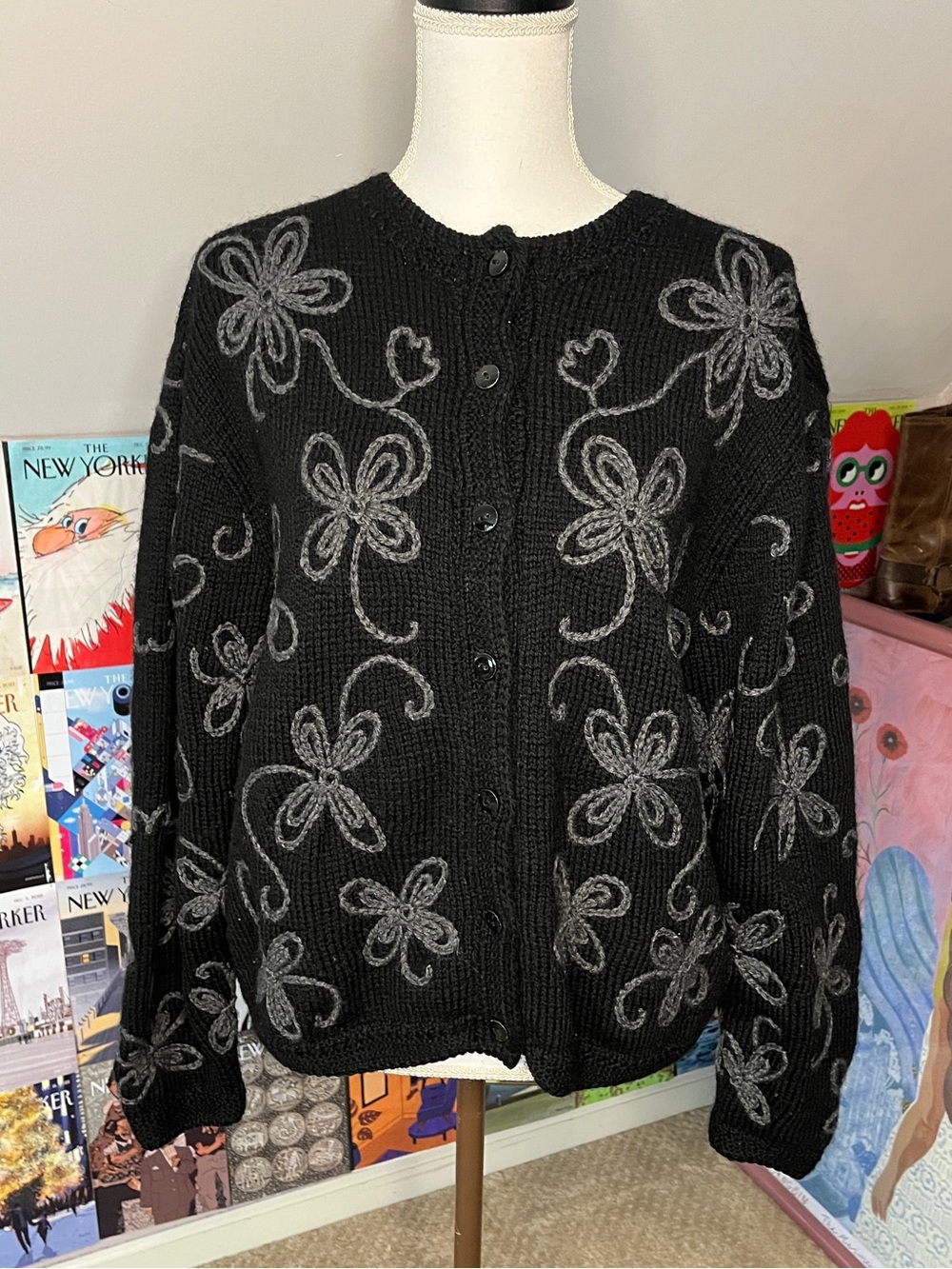 VTG South Wool 100% Virgin Wool Black Button-Front Cardigan